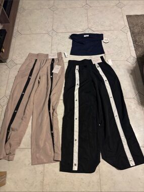 Wide Leg Snap-Trim Track Pants - Black and Beige Pair with free Tube